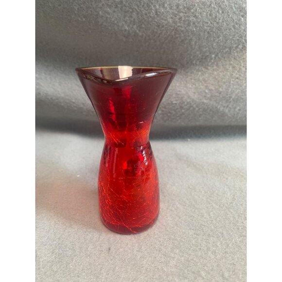 Vintage Crackle Red Glass Miniature Pitcher Vase with Yellow Handle - Picture 2 of 9